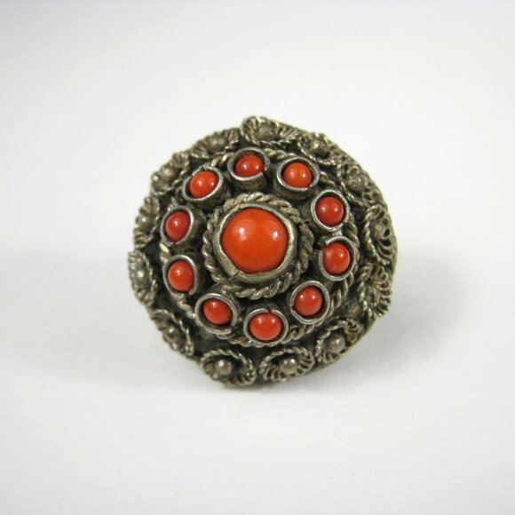 Vintage Silver Tone Ring Floral Glass Adjustable Fit Artisan Statement Size 6 - Picture 2 of 9